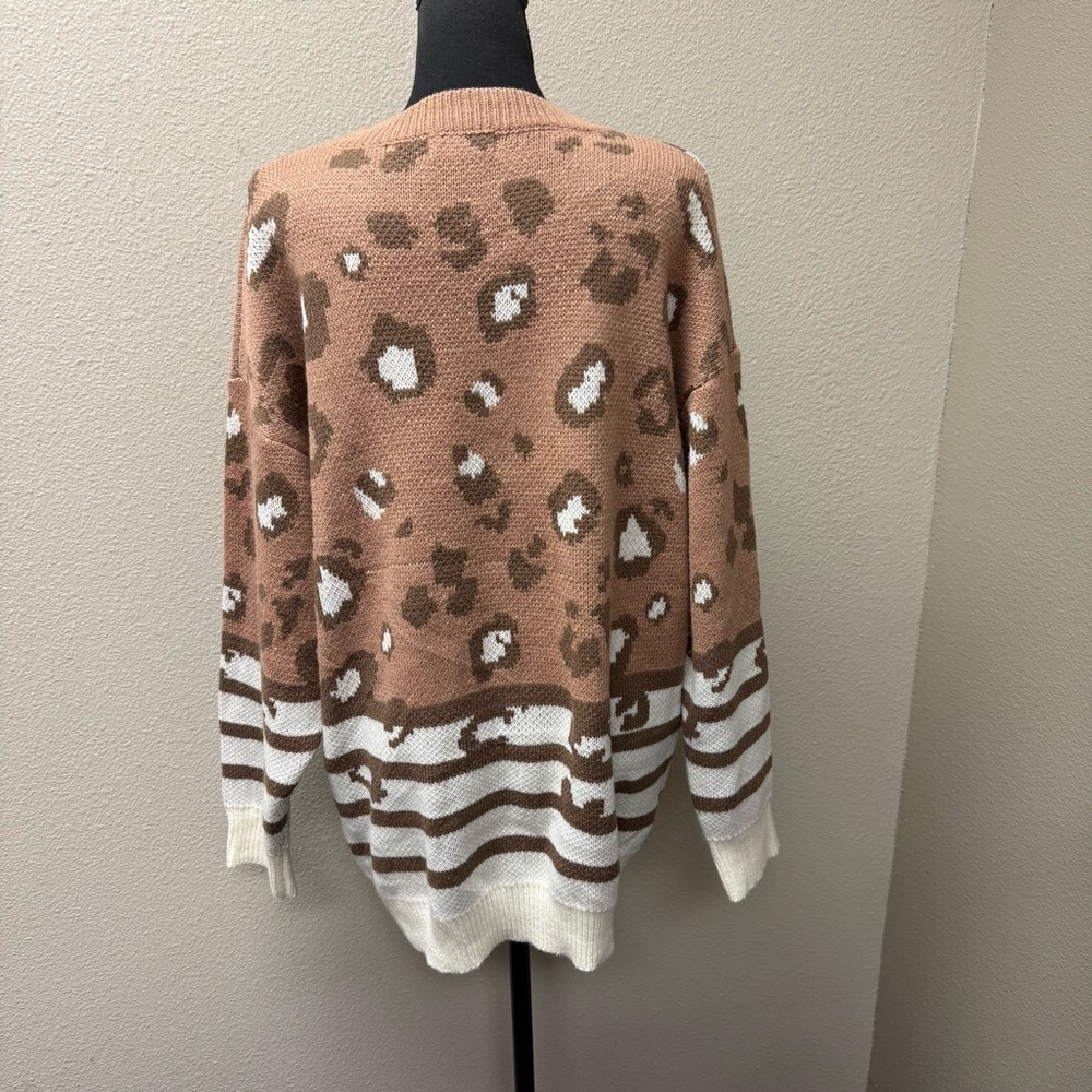 Southern Stitch Leopard Sweater XXL Tan Brown Cream Striped Hem Cozy - Picture 4 of 9